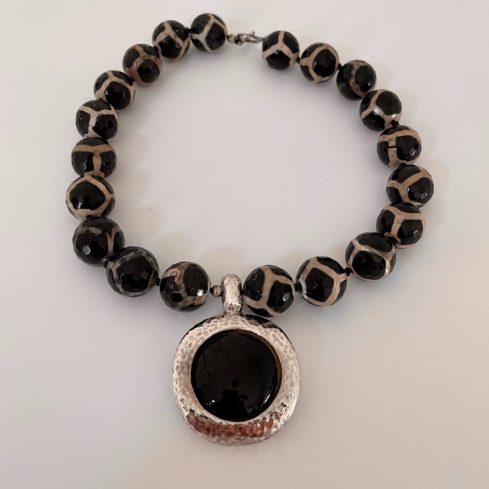 Simon Sebbag Tortoise Agate Beaded Statement Necklace with Sterling Silver